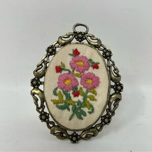 Vintage Mid Century Embroidered Petit Point Oval Pendant/Frame Mini
